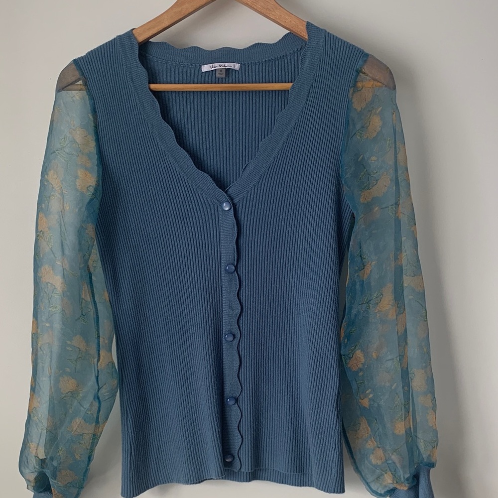 VILA MILANO Blue V-Neck Sweater with Sheer Sleeves
